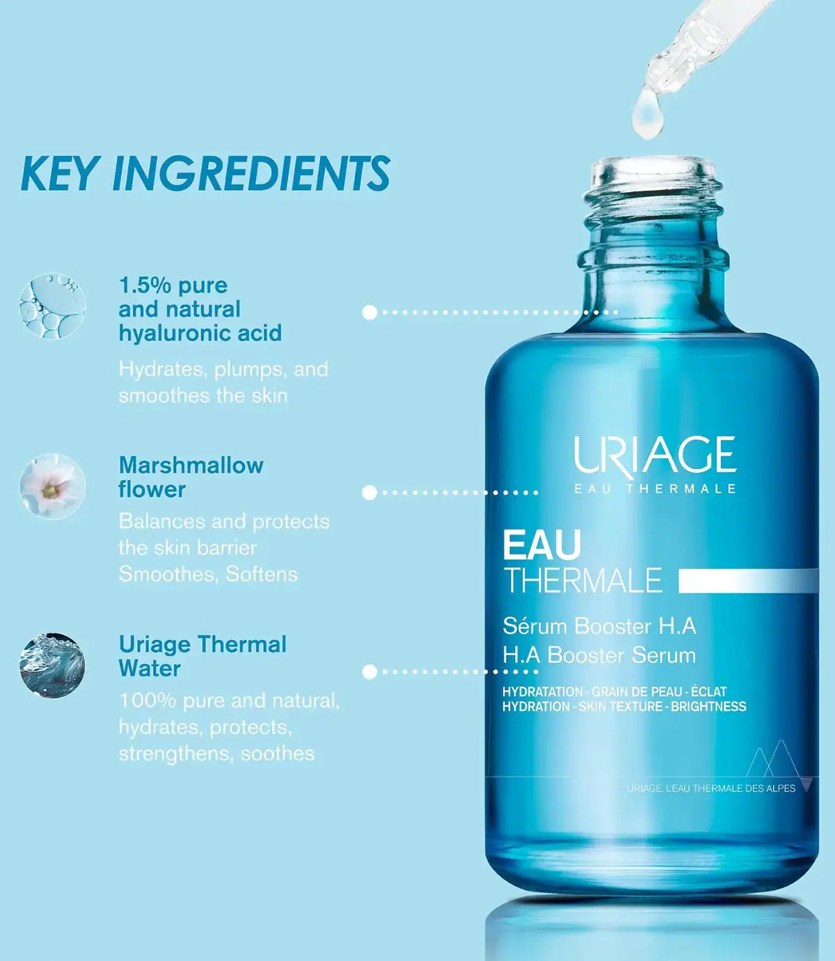 Serum hidratues Uriage ETU Booster H.A 30ml për lëkurën dhe freski të fytyrës.