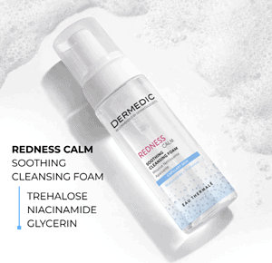 Redness calming cleansing foam for sensitive skin, Dermedic Redness Soothing Foam.