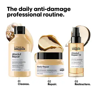 Produkte kozmetike për riparimin e flokëve, shampoo, maskë dhe serum për flokë të dëmtuara.