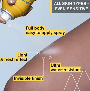 Spray mbrojtës SPF50+ për trup, i lehtë për aplikim dhe rezistent ndaj ujit.