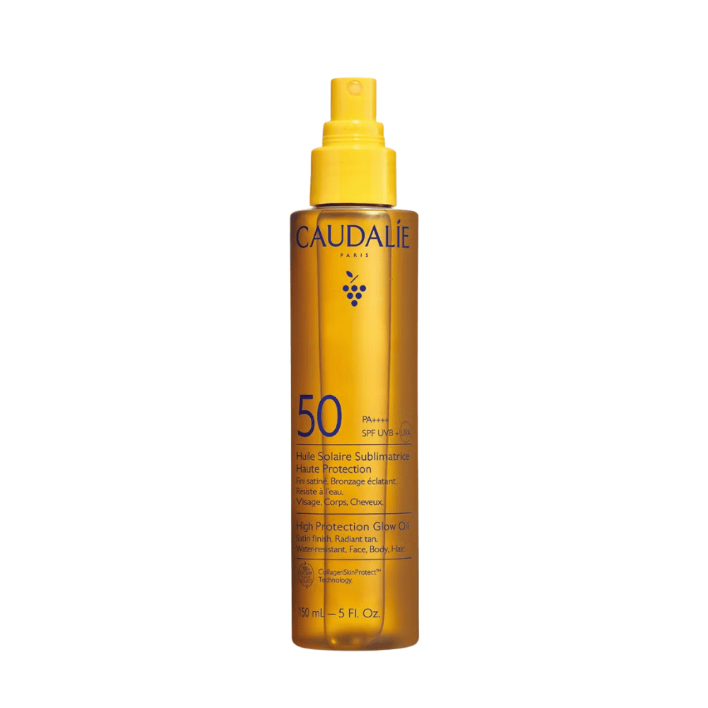 Vaj dielli SPF50 Caudalie për mbrojtje të lëkurës me shkëlqim dhe mbrojtje UV.