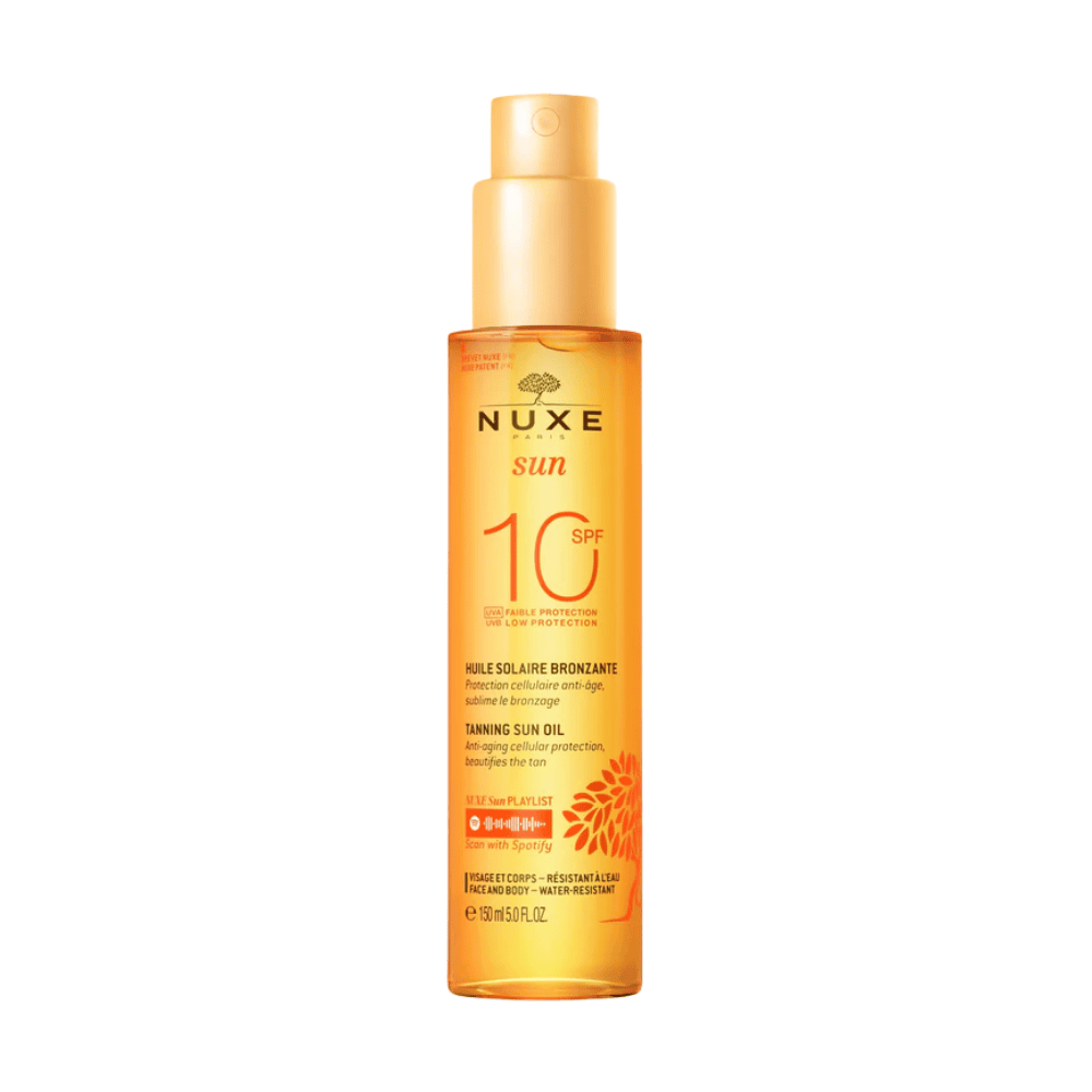 NUXE Sun Huile Solaire Bronzante SPF 10 për mbrojtje dielli dhe ton të bukur lëkure.