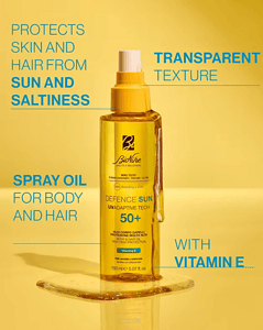 Vaj spray për trup dhe flokë me SPF 50+ dhe vitaminë E, mbrojtje nga dielli dhe saliniteti.