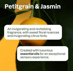 Produkte kozmetike me aromë Petitgrain Jasmine për freski dhe volum të flokëve.