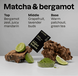 Produkt kozmetik me matcha dhe bergamot, për pastrim të trupit dhe freski.