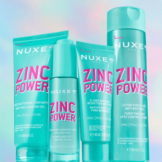 NUXE ZINC Power kozmetikë për lëkurën e yndyrshme dhe akne, pastrues, serum dhe tonik.