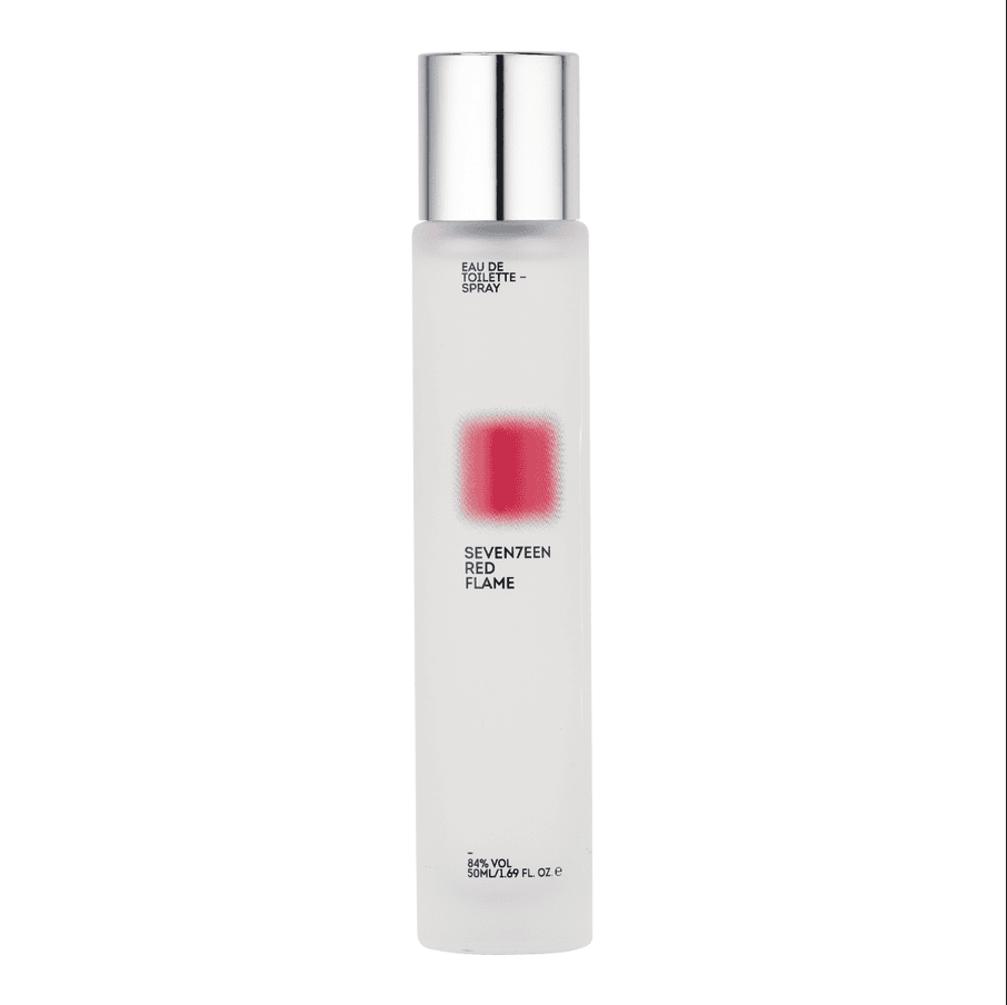 Aroma parfum Red Flame për meshkuj, 50ml, me shishe të bardhë dhe kapak metalik.