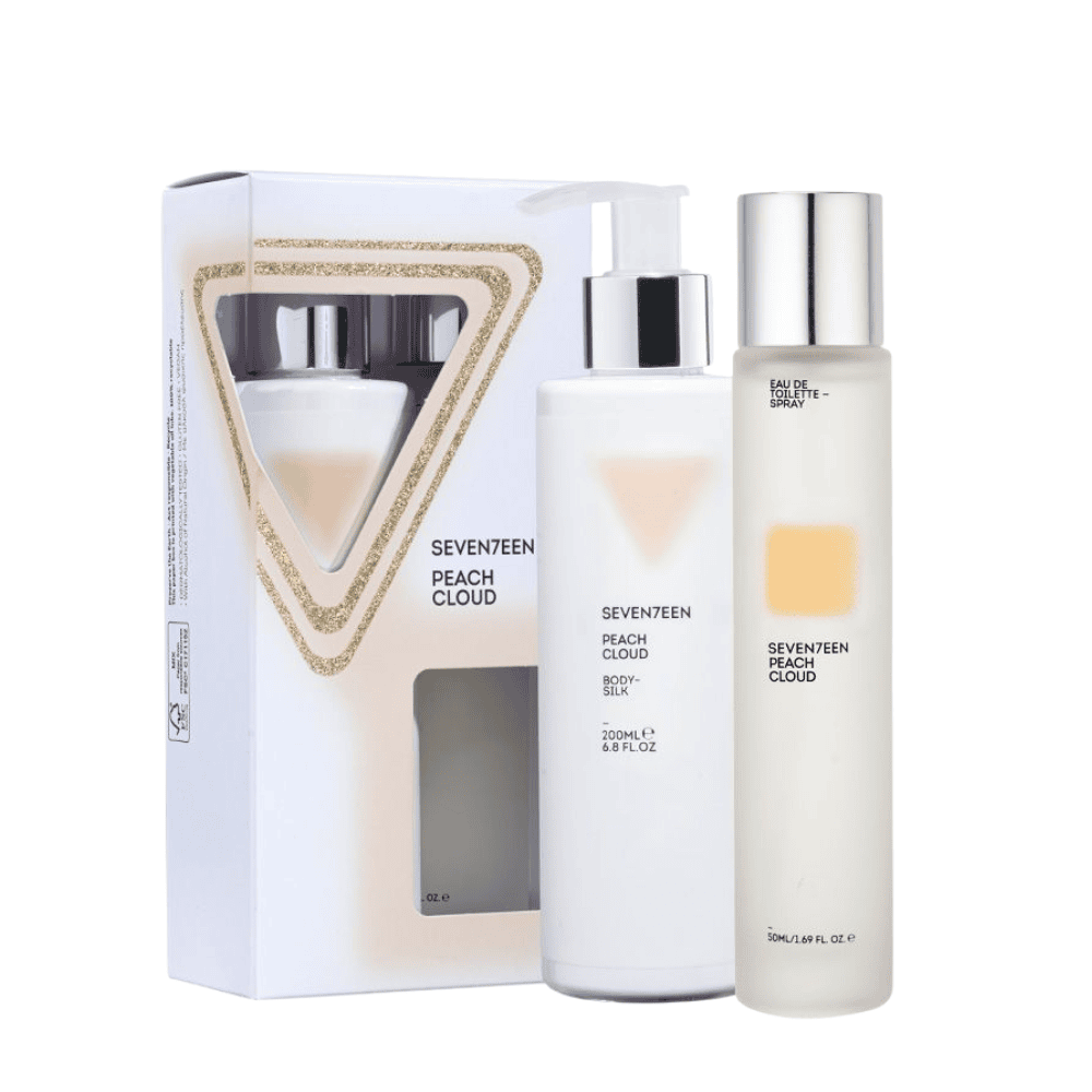 Set i parfumeve Peach Cloud dhe Body Silk për përkëdhelje të lëkurës.