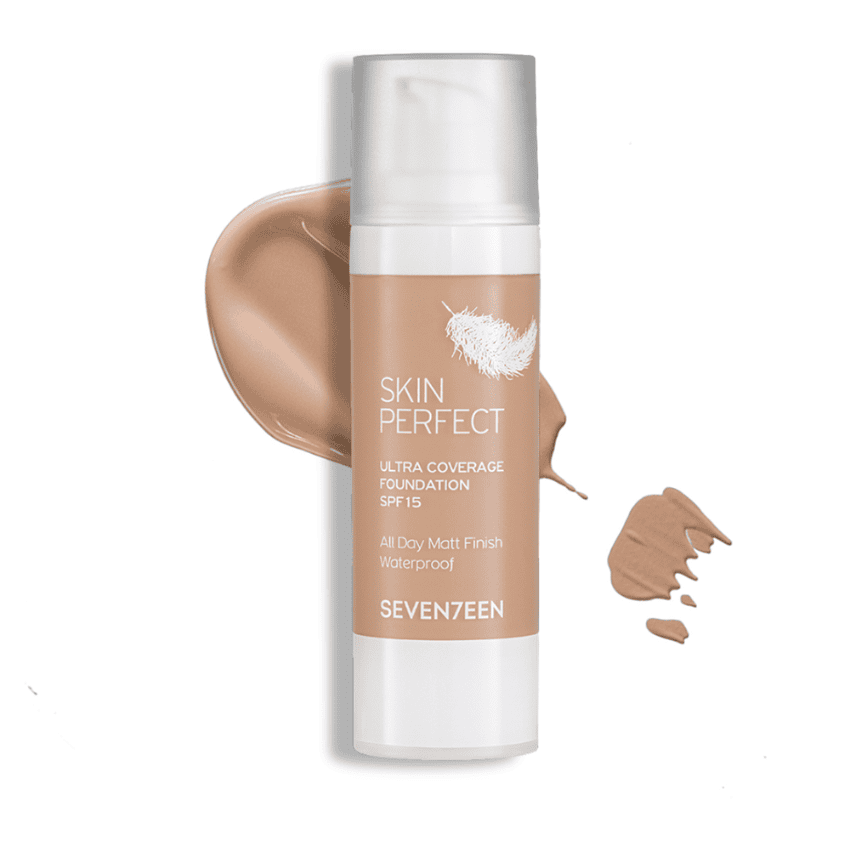Fondacioni kozmetike Skin Perfect për mbulim të plotë dhe përfundim mat, SPF 15, rezistent ndaj ujit.