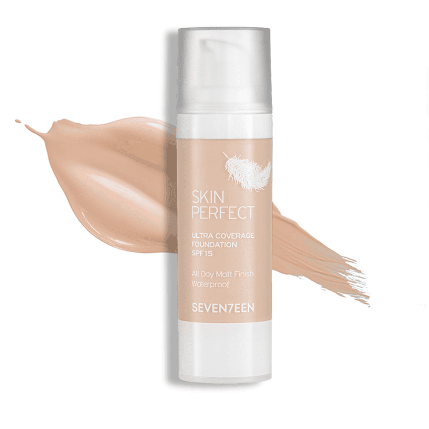 Fondacioni kozmetike Skin Perfect për mbulim të plotë dhe finish mat, SPF 15, rezistent ndaj ujit.