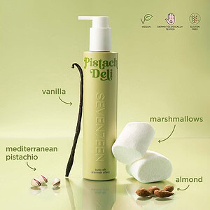 Pistach Deli Body Silk me shkumë dhe përbërës natyral, për lëkurë të shndritshme dhe të butë.