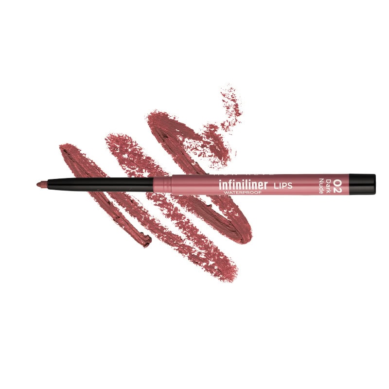 Buzëkuq për buzë Infiniliner No 02 Dark Nude, produkt kozmetike për buzë me ngjyrë natyrale dhe qënd.