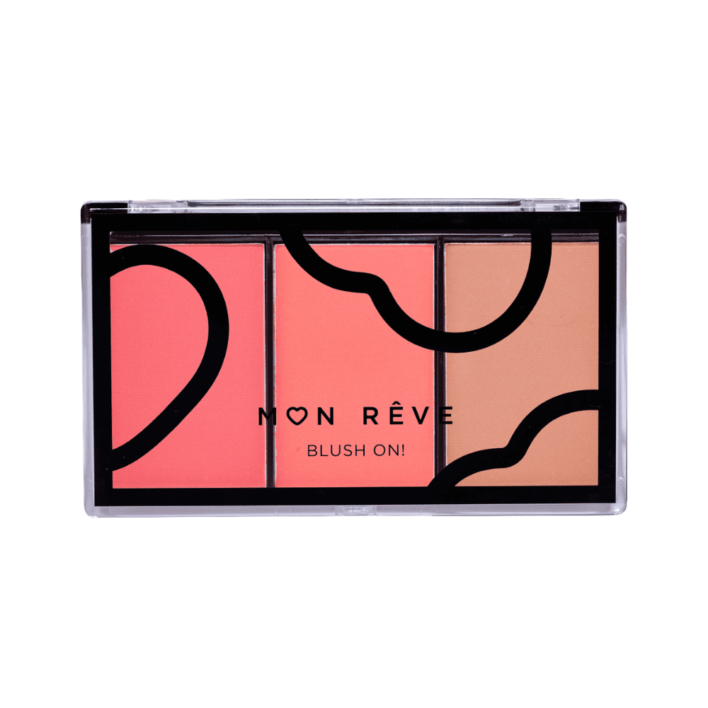 Kozmetik blusher trio me ngjyra rozë dhe portokalli për fytyrë dhe faqe.
