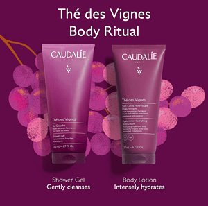 Produkt i trupit Caudalie Thé des Vignes, gel dushi dhe lotion trupit për hidratim të thellë.