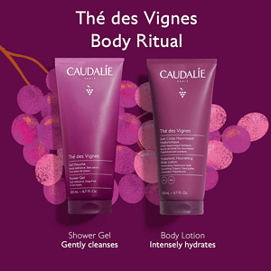 Produkt i trupit Caudalie Thé des Vignes, gel dushi dhe lotion trupit për hidratim të thellë.