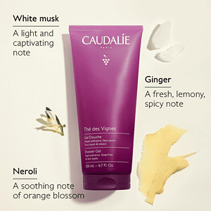 Caudalie The des Vignes Shower Gel, aromë limoni dhe xhenxhefili, për lëkurë të butë dhe të freskët.