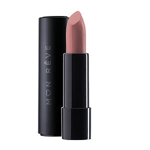 Lipstick i rosë nude në kufje të zezë, produkt kozmetik MON REVE, përshtatet me nuancën e buzëve.