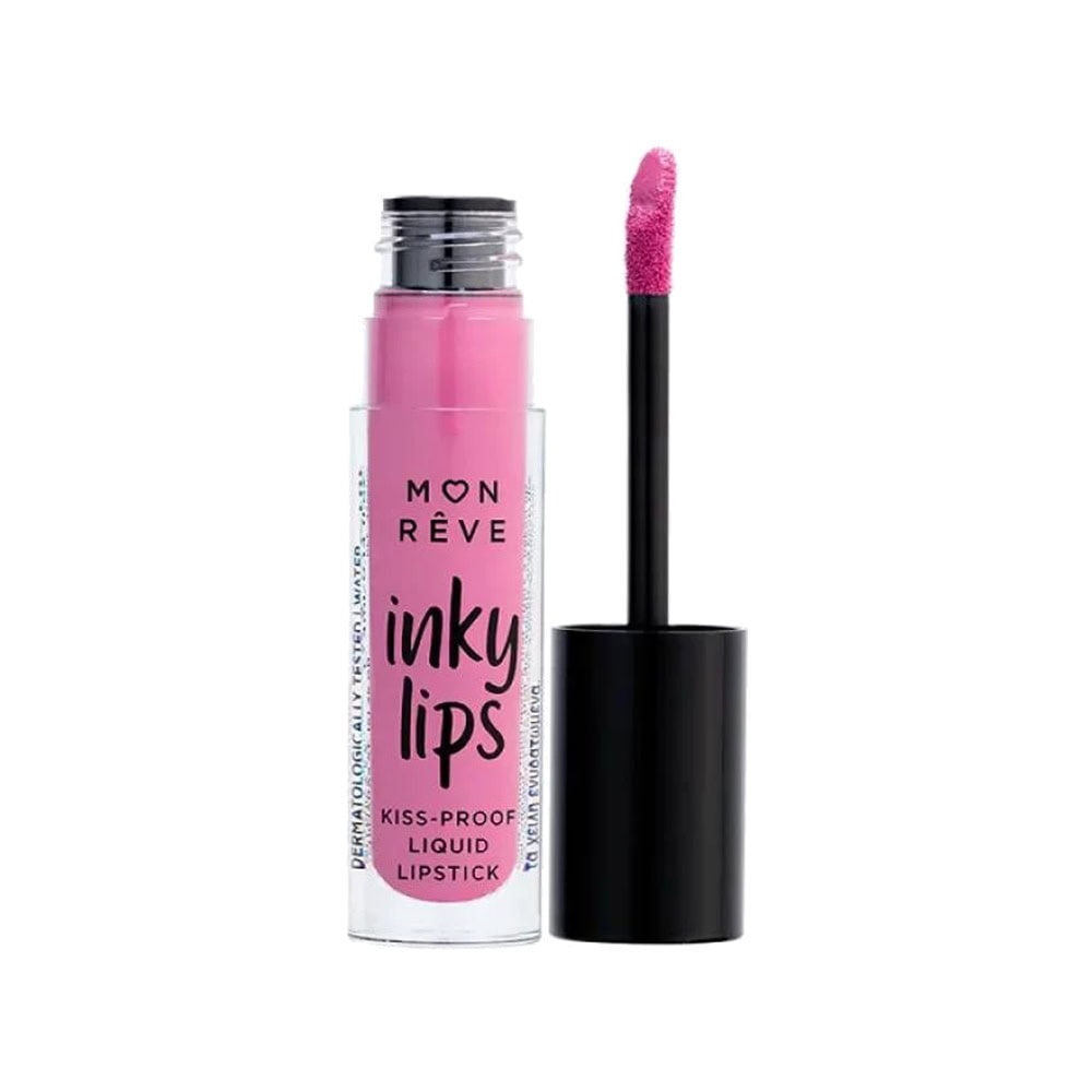 Lipstick rozë rozë lëng dhe aplikues në kapak të zi. Produkt kozmetik me ngjyrë rozë tepër të ndezur.