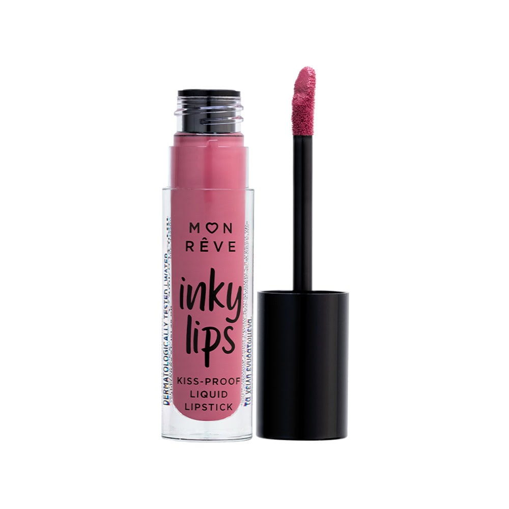 Mon Rêve Inky Lips liquid lipstick rosa nuance, aplikim i ngjyrës së buzëve.