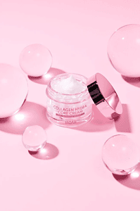 Kollagen Hydra Core Cream kremë me hipër, kozmetik produkt për lëkurën në nuanca rozë.