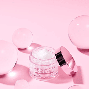 Kollagen Hydra Core Cream kremë me hipër, kozmetik produkt për lëkurën në nuanca rozë.