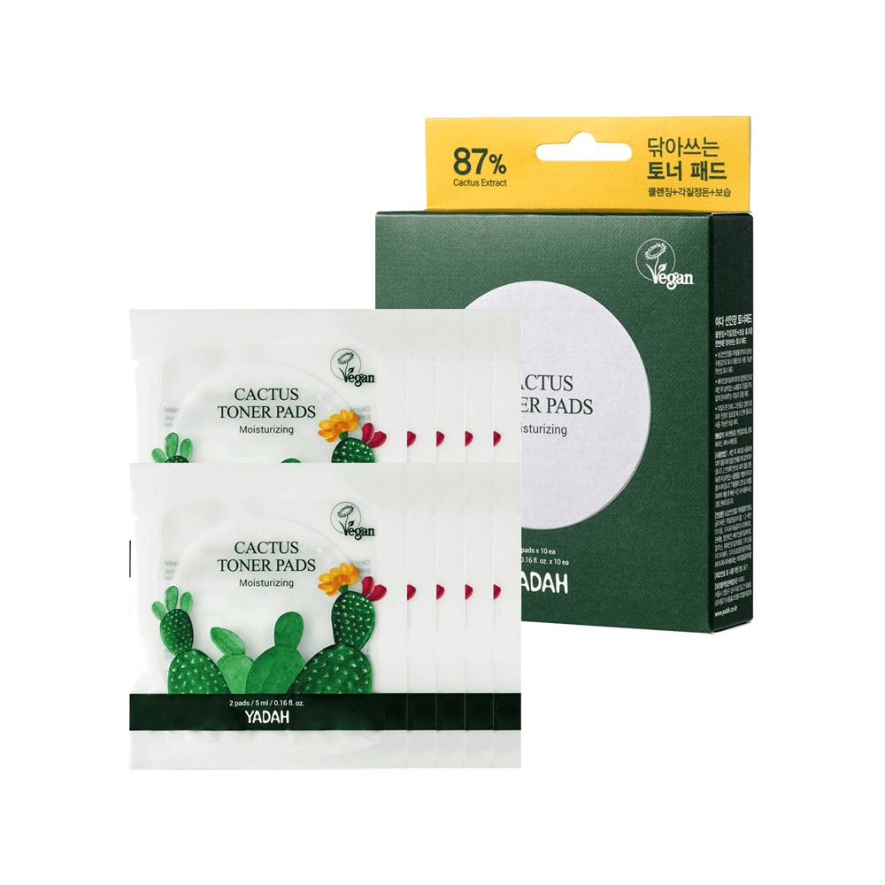 Toner pads me kujdes hidratues me kujdes pante, permbledhje me cactus dhe logo Vegan.