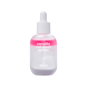 Camellia Red Youth serum from YADAH; Nourishing rejuvenating skincare in pink-white bottle.
