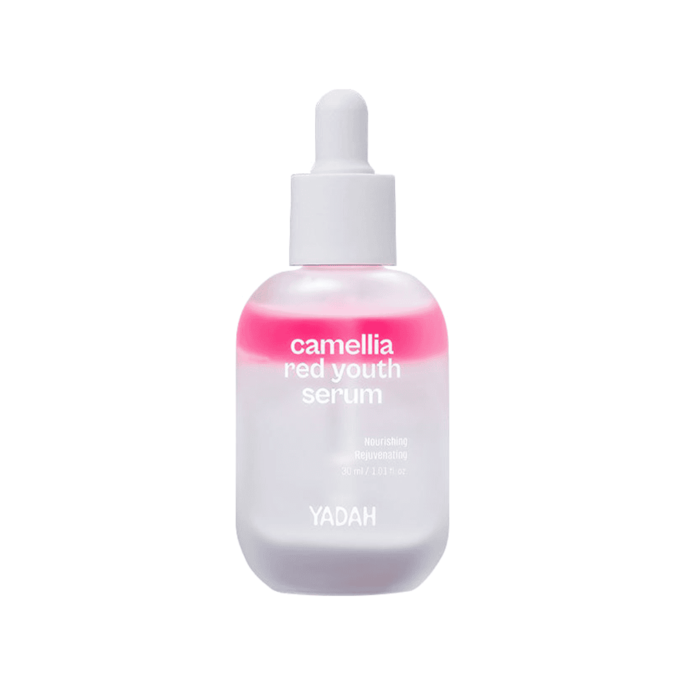 Camellia Red Youth serum from YADAH; Nourishing rejuvenating skincare in pink-white bottle.