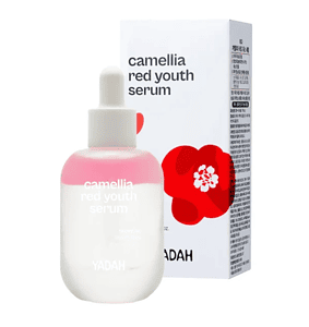 Serumi Camellia red youth në paketim duke u shfaqur pranë shishe sëngjirit të bukurisë.