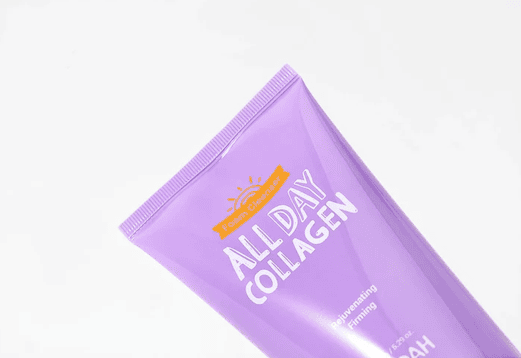Kozmetik All Day Collagen krem, paket i purpurt, i lemuar dhe mbledhje collageni per lekuren.